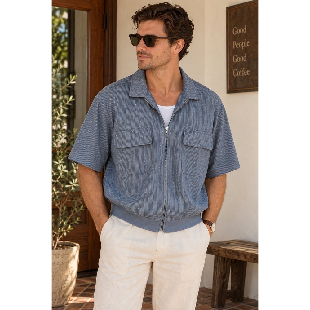 John Blair Mens XL Blue Zip Front Shirt Jacket Short Sleeve Retro Grandpa Style